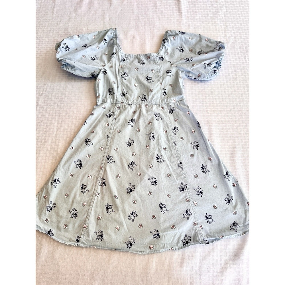 Bluey Girls Dress Light Blue Cotton Puff Sleeve Daisy Floral Print Kids Large L